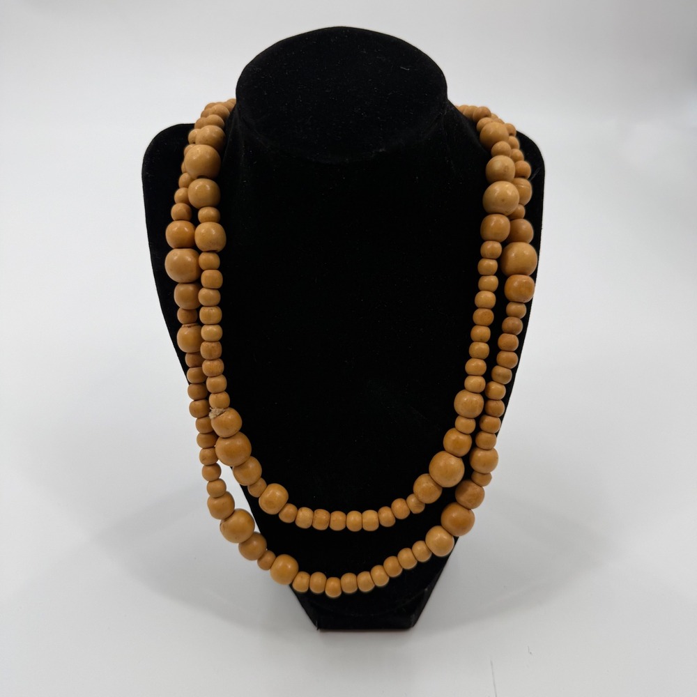 Vintage Long Tan Wood Bead Strand Necklace Boho Layering Natural Earthy 28.5in